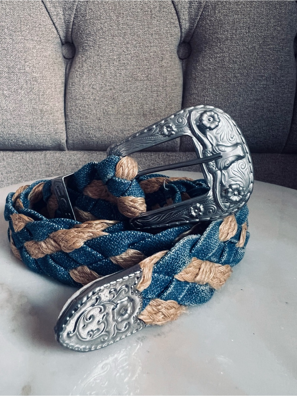Unique Vintage Western Denim Woven Belt featuring longhorn cow and floral buckle